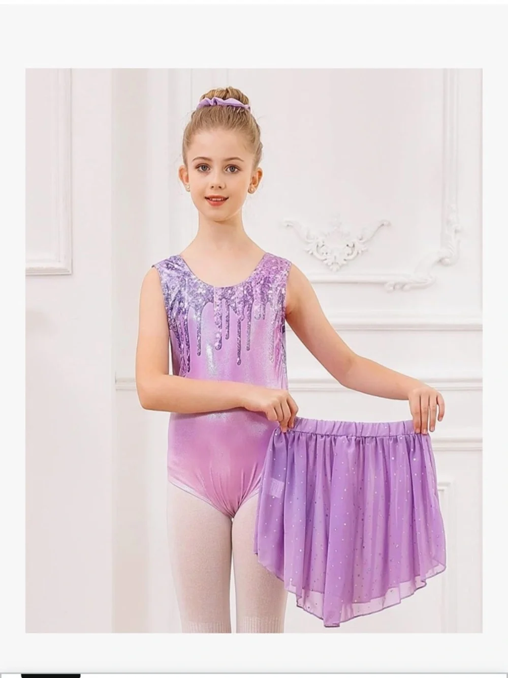 Girls Lavender Purple Gymnastics Leotard Set with Removable Skirt Scrunchie 045
